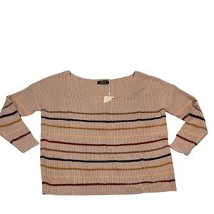 Dokotoo Women's Sweater Pullover V Neck Tan Striped Lightweight Knit Size L NWT